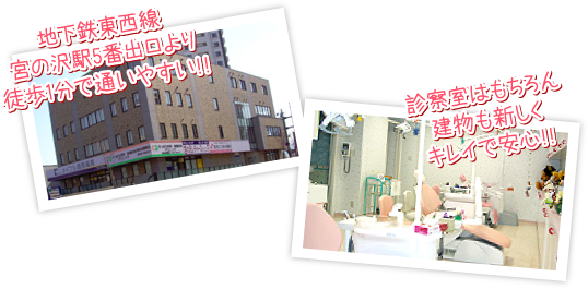 地下鉄東西線宮の沢駅5番出口より徒歩1分で通いやすい!! 診察室はもちろん建物も新しくキレイで安心!!